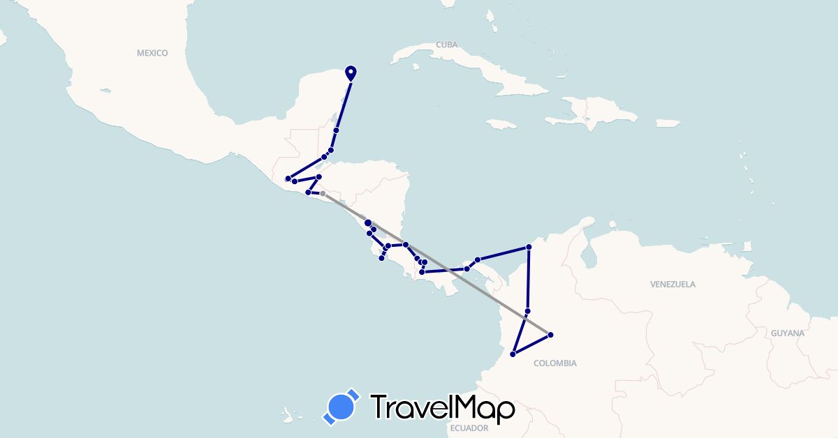 TravelMap itinerary: driving, plane in Belize, Colombia, Costa Rica, Guatemala, Honduras, Mexico, Nicaragua, Panama, El Salvador (North America, South America)